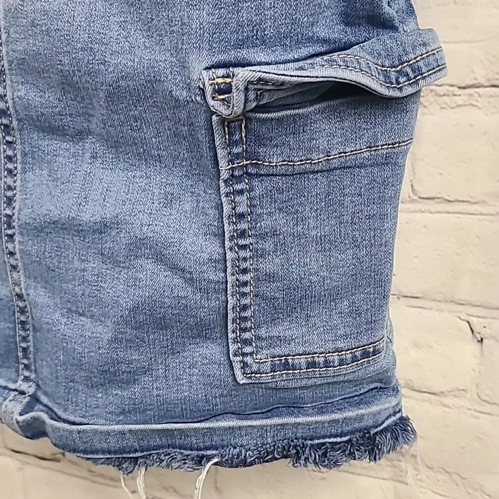 Justice Girls Denim Overall Dress Size 10 Cargo Pockets Raw Hem Jumper Y2K Cool